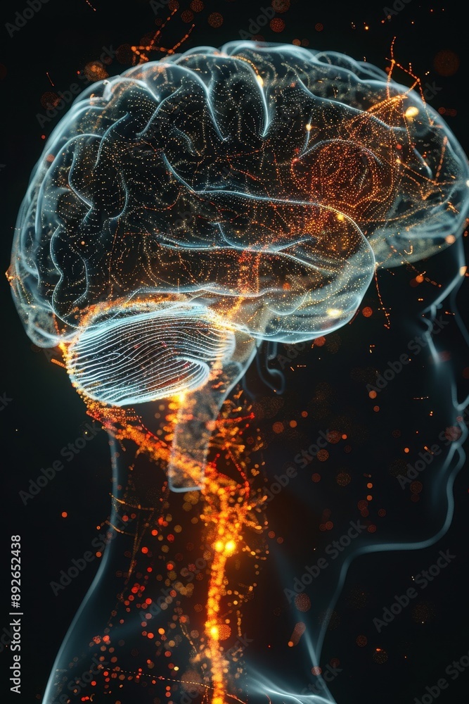 Poster a brain with a lot of lines and dots surrounding it