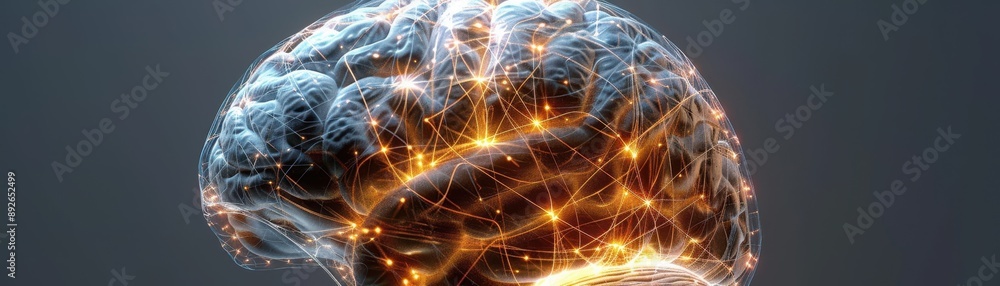 Poster a brain with a lot of lines and dots surrounding it