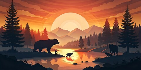 Bears Fishing at Sunset in Forest as Wallpaper or Poster Design
