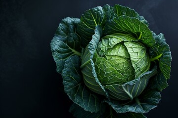 Obraz premium Top view of a vibrant green cabbage with detailed leaves, isolated on a dark surface