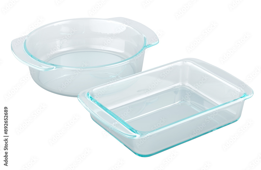 Poster clear glass baking dishes. round and rectangular shapes. 3d rendering isolated on transparent backgr