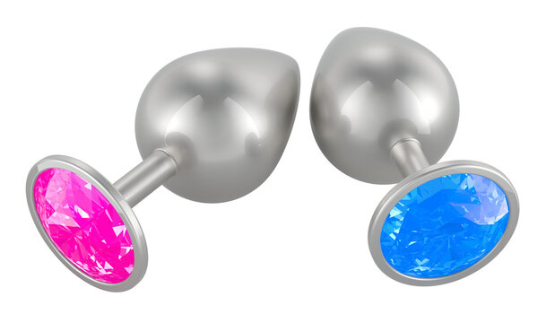 Anal butt plugs with jewelry pink and blue stones, from stainless steel. 3D rendering isolated on transparent background