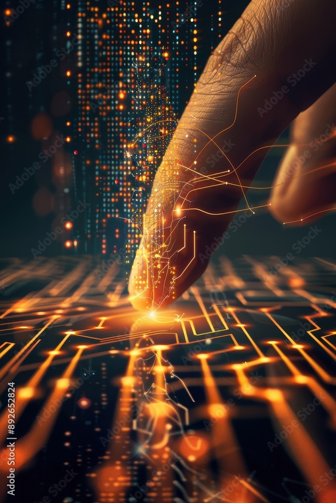 Poster a hand is pointing at a circuit board with a lot of lines and dots. concept of technology and comple