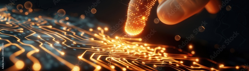 Poster a hand is pointing at a circuit board with a lot of lines and dots. concept of technology and comple