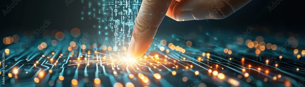 Poster a hand is pointing at a circuit board with a lot of lines and dots. concept of technology and comple