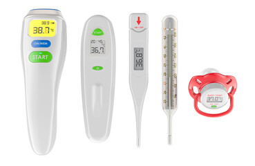 Medical thermometers, different types. Mercury, digital, infrared, ear thermometer and pacifier thermometer. 3D rendering isolated on transparent background