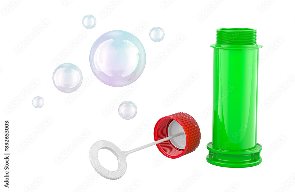 Poster soap bubble bottle with bubble wand and soap bubbles, 3d rendering isolated on the transparent backg
