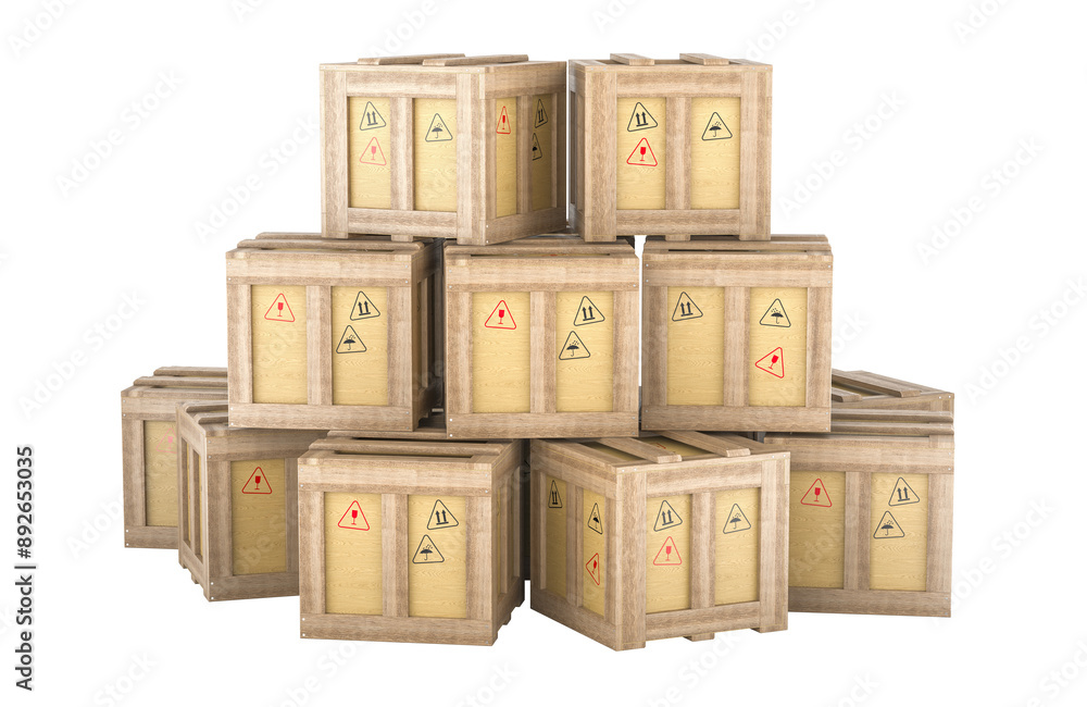 Poster stack of wooden boxes, crates or parcels. 3d rendering isolated on transparent background