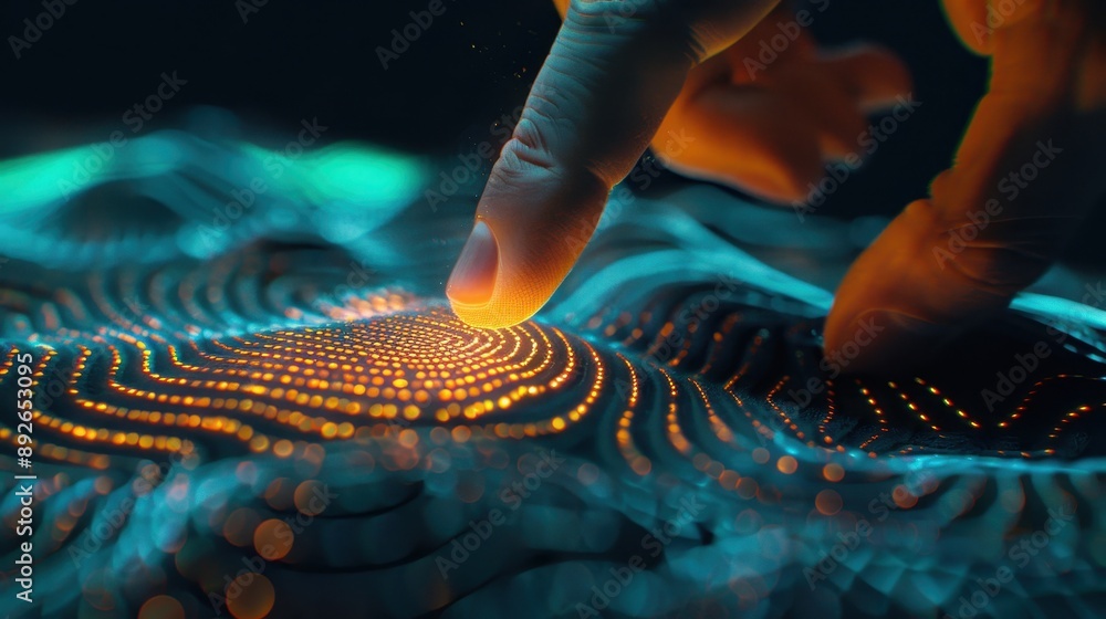 Poster a hand is pointing at a circuit board with a lot of lines and dots. concept of technology and comple