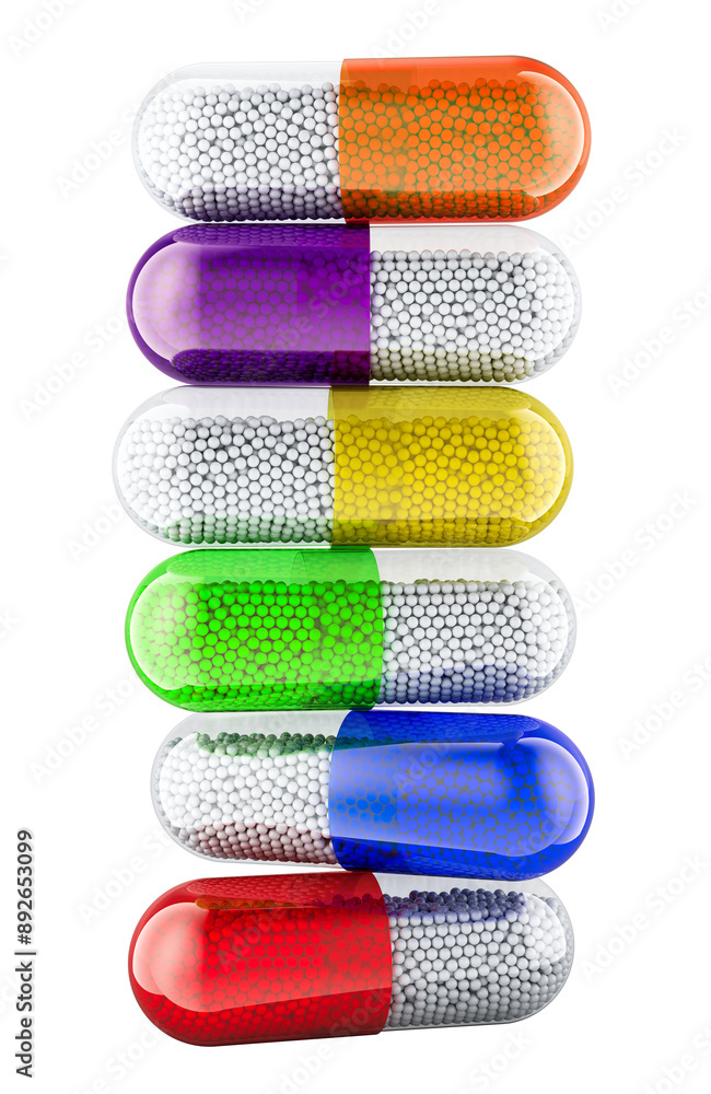 Poster stack of colored medicament capsules, 3d rendering isolated on transparent background