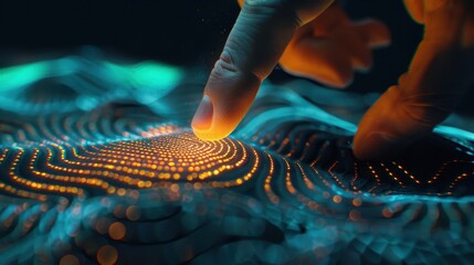 A hand is pointing at a circuit board with a lot of lines and dots. Concept of technology and complexity, as well as the idea of human interaction with machines