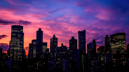 Fototapeta premium City skyline with high-rise buildings silhouetted against a twilight sky.