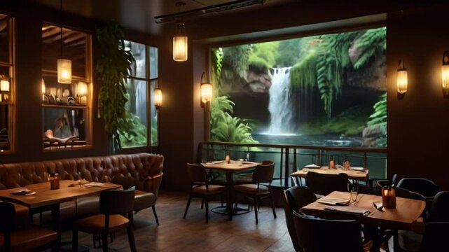 A very fast waterfall can be seen from a cafe restaurant with a vintage theme.