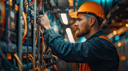 Electrician working in switchboard with electrical connection cable, copy space. 