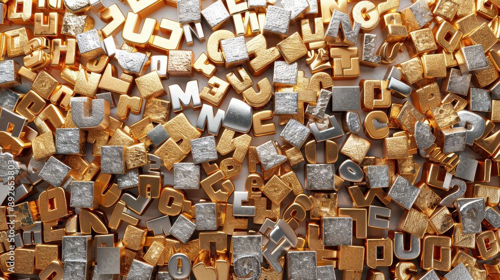 Fototapete close-up of assorted gold and silver alphabet letters and symbols, creating a textured and shiny bac