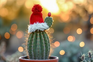 Cactus wears a red santa hat against a warm bokeh background, symbolizing holiday cheer in an arid climate