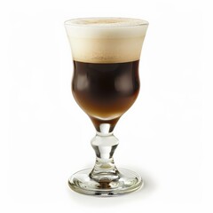 A layered coffee cocktail with a creamy top in a clear glass