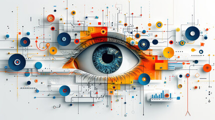Obraz premium Digital artwork of a detailed eye surrounded by abstract technological elements and colorful geometric shapes, symbolizing vision and technology