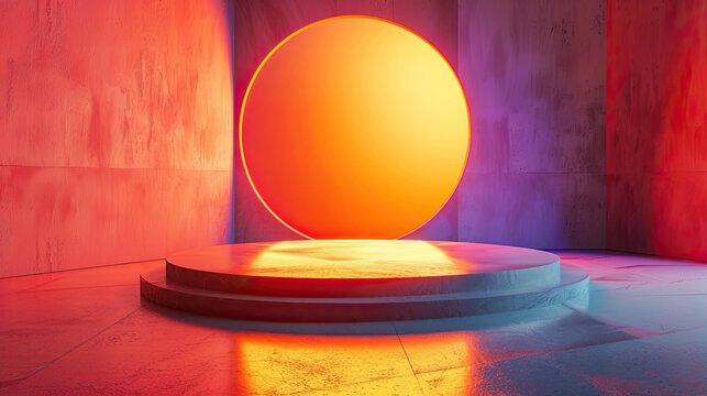 Iridescent Orange Modern Podium with Chromatic Aberration Effect for Displaying Cosmetics.