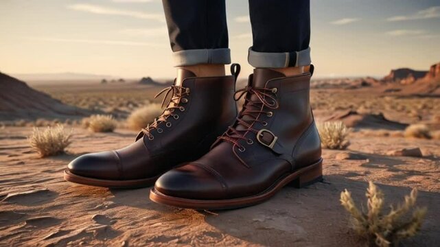 pair of chukka boots on a desert landscape worn by a men, with the laces and buckles showcased in high detail against the rugged backdrop.