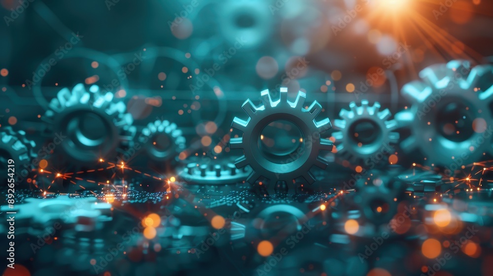 Poster a close up of gears and wires with a blue background. the gears are connected to each other and the 