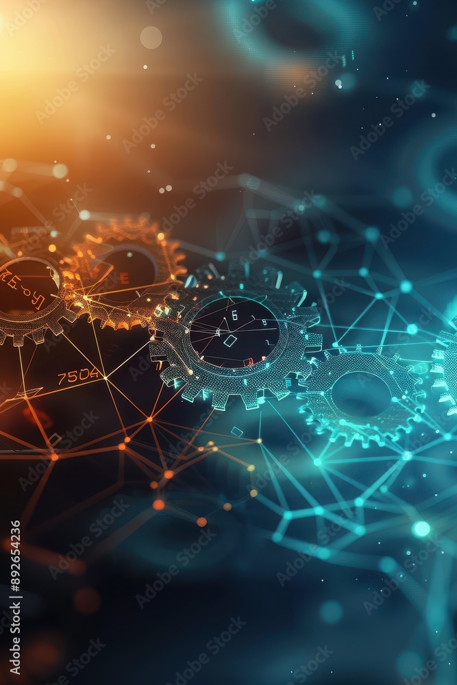 Poster a close up of gears and wires with a blue background. the gears are connected to each other and the 
