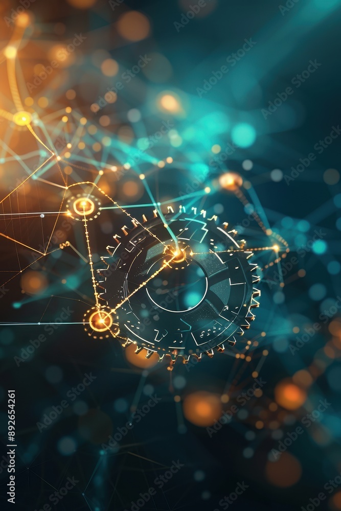Poster a close up of gears and wires with a blue background. the gears are connected to each other and the 