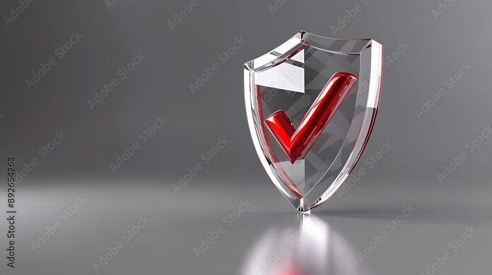 Poster shield with tickmark 3d rendering minimal wallpaper, background with big copy space
