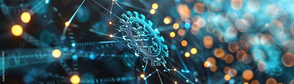 Poster a close up of gears and wires with a blue background. the gears are connected to each other and the 