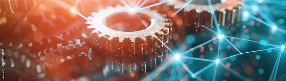 Poster a close up of gears and wires with a blue background. the gears are connected to each other and the 