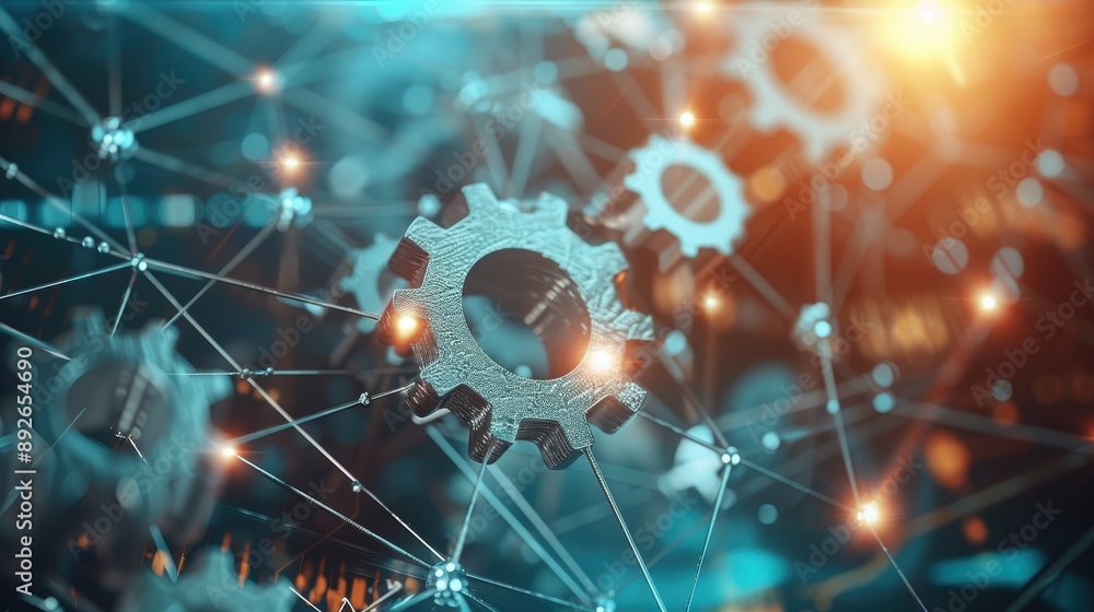 Poster a close up of gears and wires with a blue background. the gears are connected to each other and the 