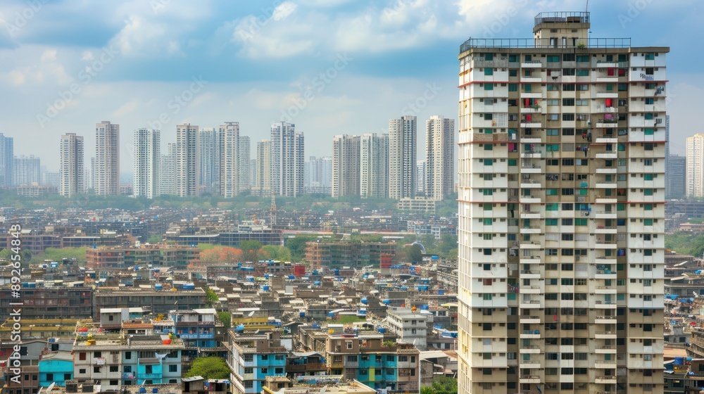 Poster contrasting view of slums with a high-rise building in the foreground.