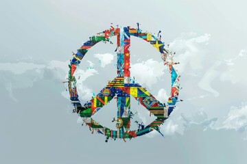 Obraz premium A World Peace Symbol Formed by International Flags Against a Cloudy Sky