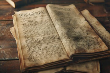 Open Book With We the People Written in Old Handwriting on Wooden Table