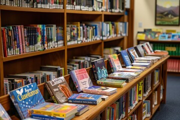 Bookshelf in a Public Library With Colorful Paperback Books