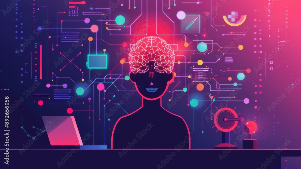 Poster ai in computational physics, innovative methods, flat design illustration