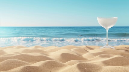 A white cocktail with a banana and rosemary garnish sits on white sand. The turquoise ocean and blue sky are blurred in the background