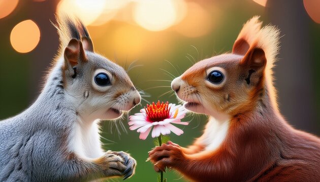 Cute squirrel offering a flower gift to its lover, fun wildlife, love and Valentine's day greeting card