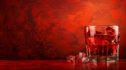 A glass of Negroni with ice cubes sits on a red surface