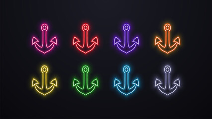 A set of neon shiny anchors in different colors on a dark background