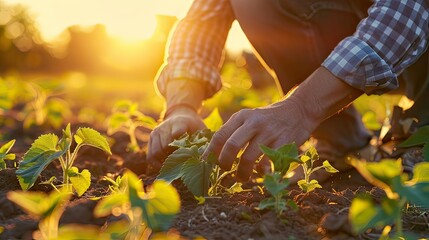 Naklejka premium Farmer examining sunflower seedlings at sunset.