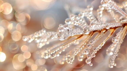 Fototapeta premium A branch covered in ice crystals. The image has a serene and peaceful mood, as the ice crystals sparkle in the sunlight