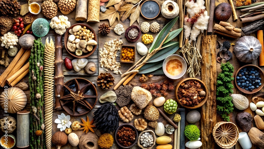 Poster a tapestry of textures: an abstract collage of found objects and natural materials generative ai-gen