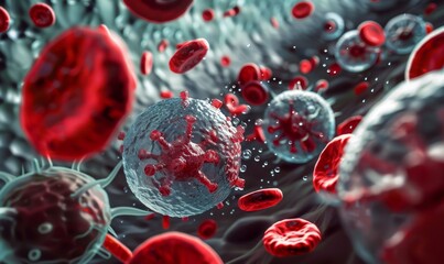 Fototapeta premium Microscopic View of HIV and Other Viral Infections: Cellular-level Illustration of Pathogens Attacking Human Cells. Scientific Visualization for Medical Research and Public Health Awareness. AI-Genera