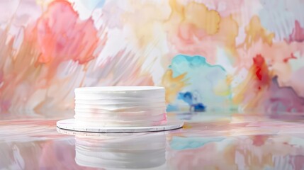 sleek, white cake with minimalist pastel watercolor streaks, presented against a backdrop of pastel-hued abstract art