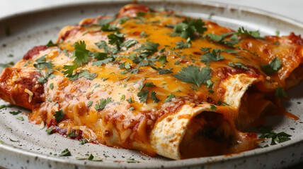 Cheesy enchiladas garnished with cilantro on a plate