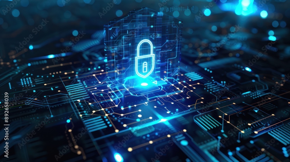 Aufkleber computer chip with shield in the middle symbolizes cyber security