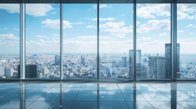 Fototapeta Expansive city view seen from the top floor of a high-rise building.