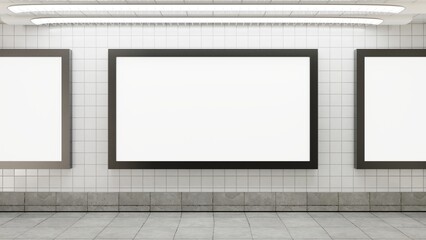 Blank billboard mockup at subway station 3d rendered illustration. Mockup image of Blank billboard white screen in the subway station