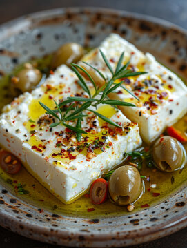 Feta cheese with olives and herbs on a rustic plate